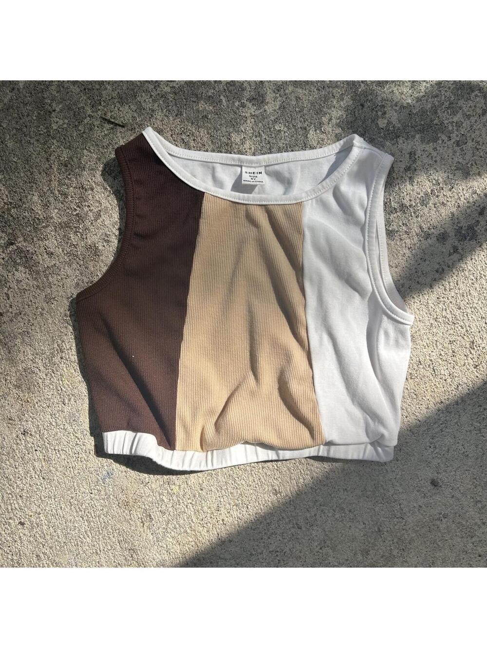 SHEIN brown, beige, and white color block crop top in a size 8Y #colorblock